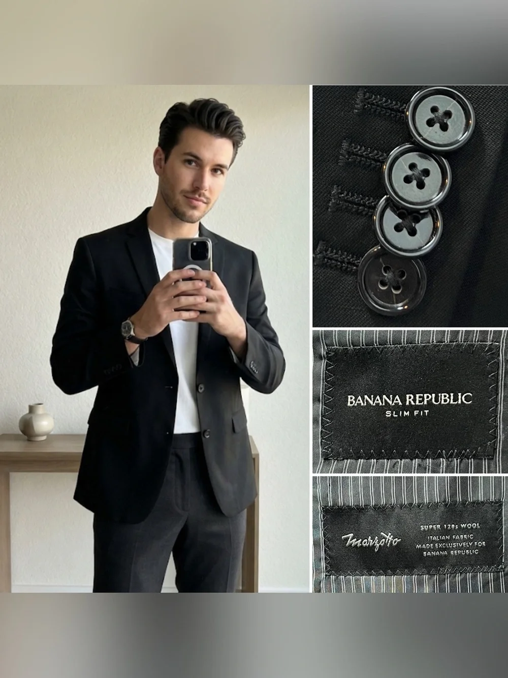 Banana Republic Men’s 44R Slim Fit Black Marzotto Super 120s Wool Blazer Jacket